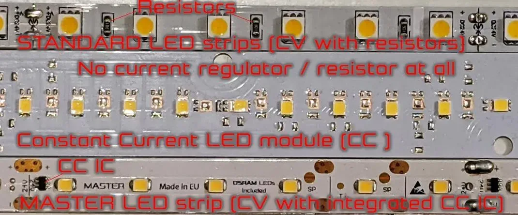 3 standard types of LED strips compared-Standard with resistors, MASTER with CC IC, and Constant current LED strips