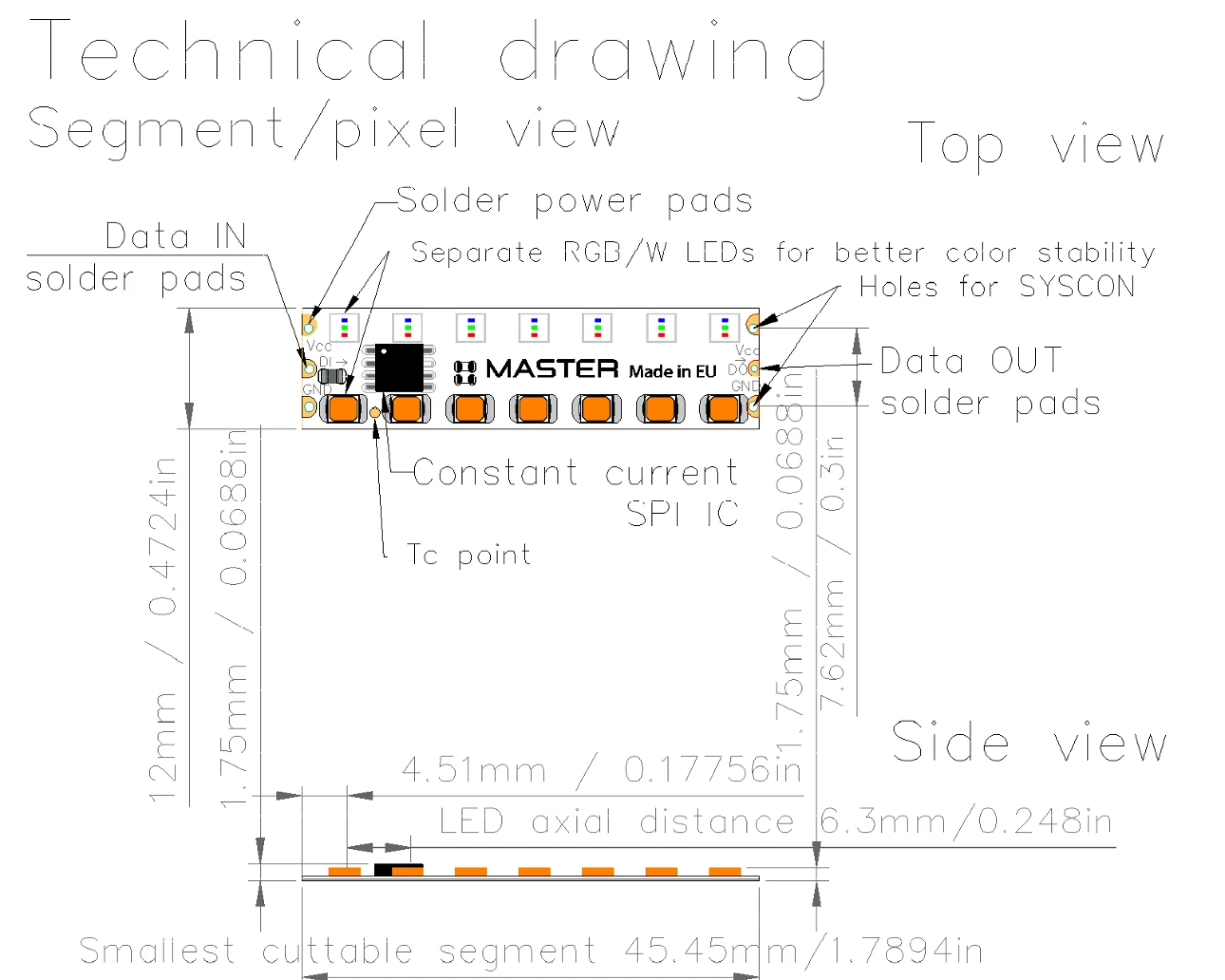Digitally controlled SPI LED tape segment technical drawing showing 1 pixel with 7pcs white LEDs, 7pcs RGB LEDs and SPI IC TM1814